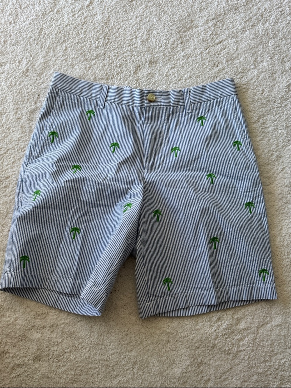 Striped Seersucker Palm Embroidered Men’s Shorts - Blue/White with Green Palm